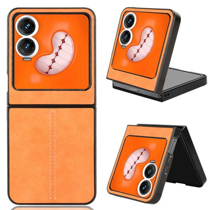 Foldable phone case with cow graphic, orange two-tone design and dual camera cutouts