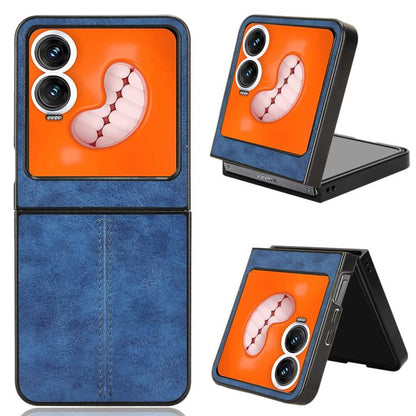 Foldable phone case with cow graphic, orange and blue two-tone, dual camera cutouts