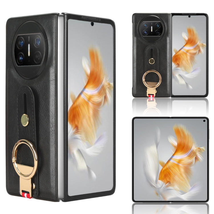 Black phone case set shown open and closed with wrist strap and gold ring holder