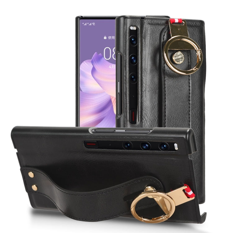 Leather back phone case with wrist strap, black finish, gold ring holder