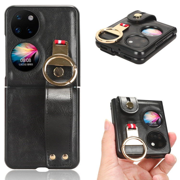 Black leather back phone case with wrist strap and gold ring clasp