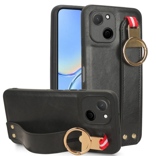 Black leather back phone case with wrist strap and gold ring holder, camera cutouts