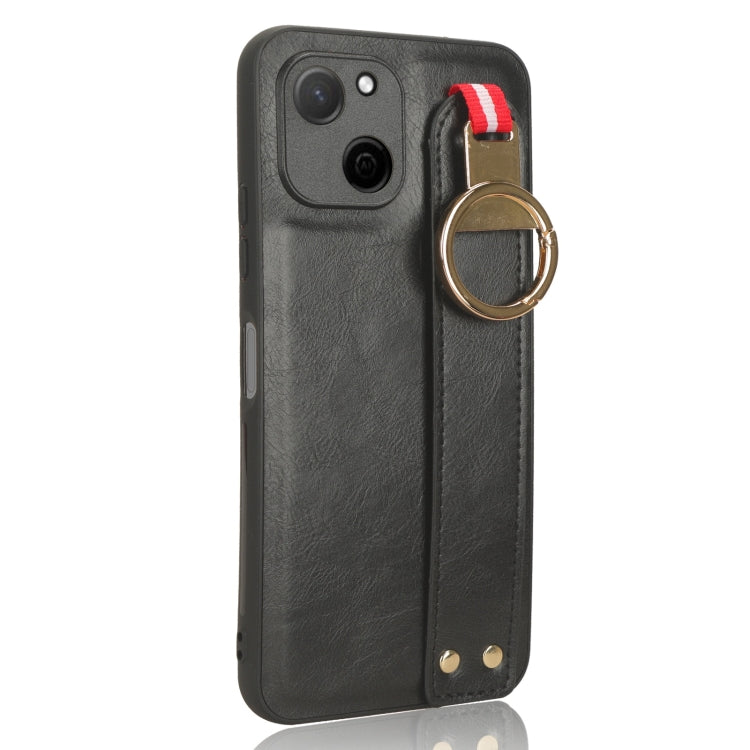 Black leather phone case with wrist strap and gold ring holder, dual camera openings