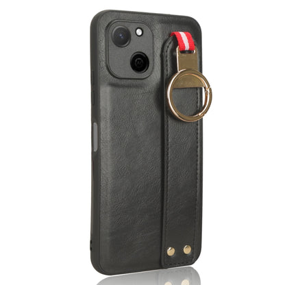 Black leather phone case with wrist strap and gold ring holder, dual camera openings