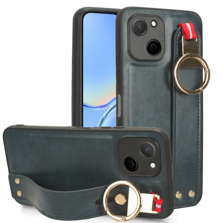 Leather back phone case with wrist strap, teal finish, gold ring holder