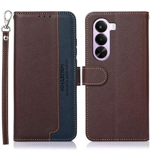 KHAZNEH litchi-texture leather RFID phone case, brown with blue trim, flip front
