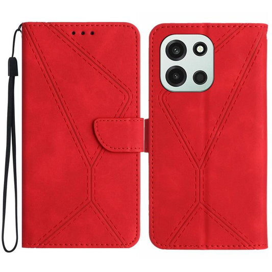 Red embossed leather phone case folio with stitched pattern and snap strap