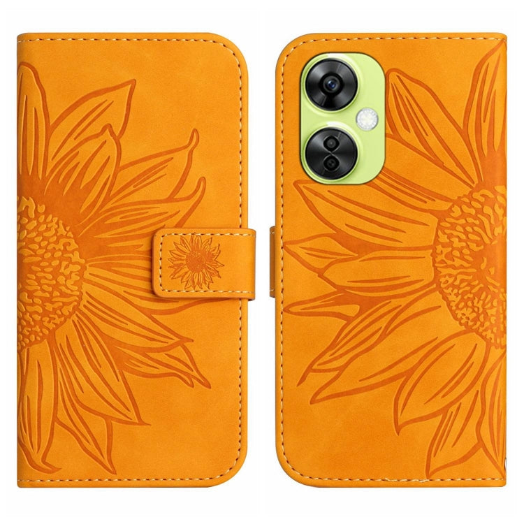 Leather phone case with embossed sunflower pattern, flip cover, orange color accents