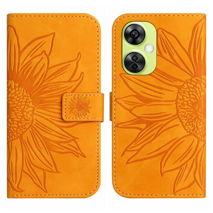 Leather phone case with embossed sunflower pattern, flip cover, orange color accents