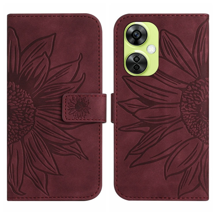 Leather phone case with embossed sunflower pattern, flip cover, dark maroon finish