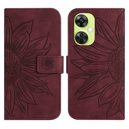 Leather phone case with embossed sunflower pattern, flip cover, dark maroon finish