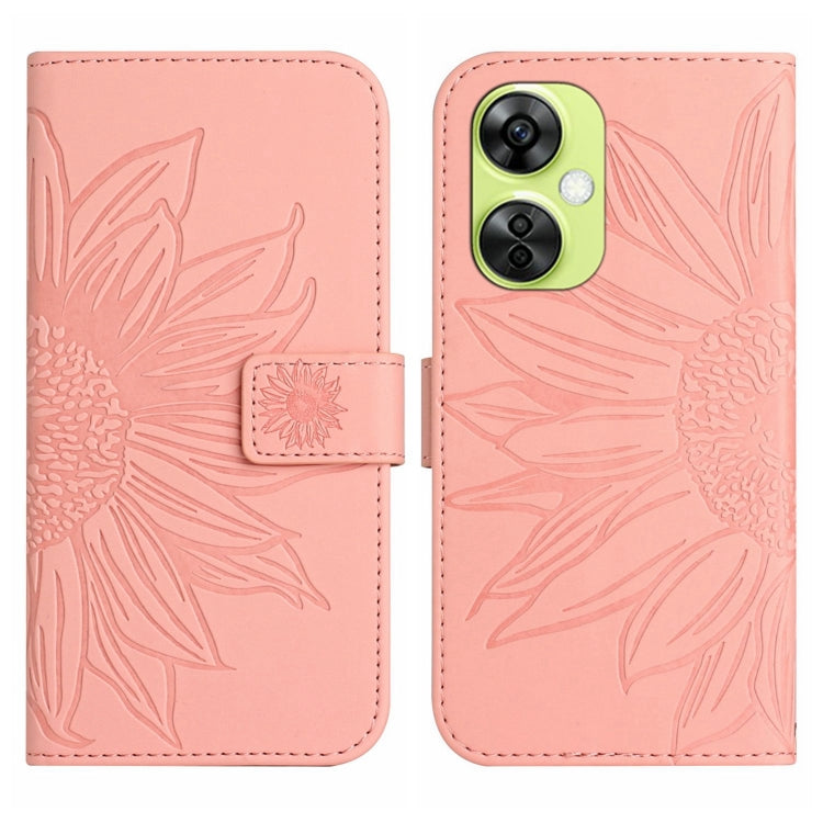 Leather phone case with embossed sunflower pattern, flip cover, light pink protective cover