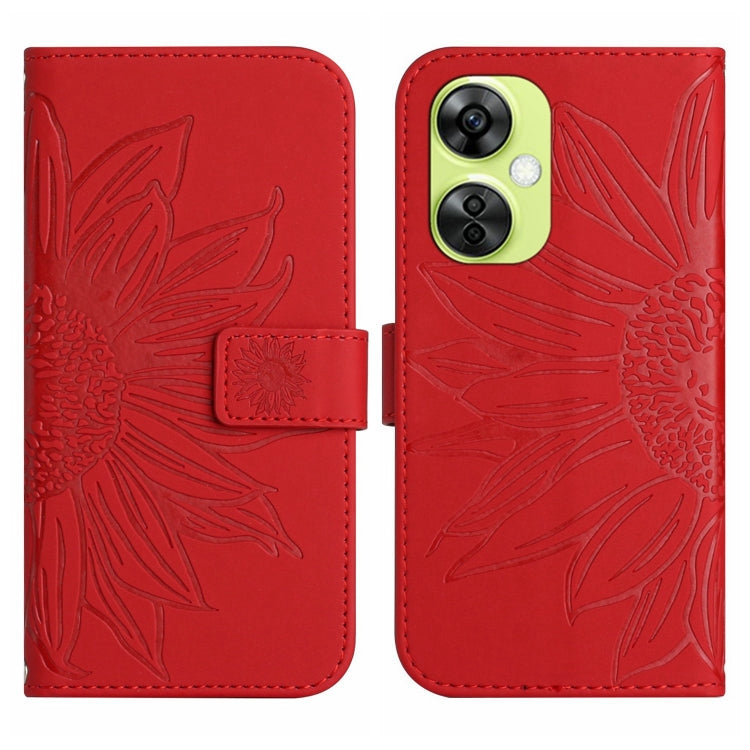 Leather phone case with embossed sunflower pattern, flip cover, red protective cover