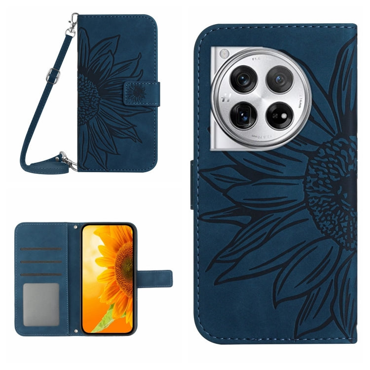 Dark blue embossed leather phone case with lanyard, sunflower texture, card slots