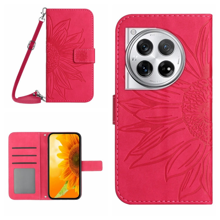 Bright red-pink embossed leather phone case with lanyard, sunflower texture, card slots