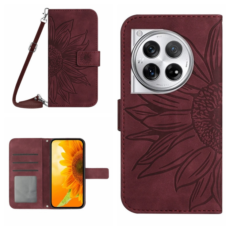 Wine red embossed leather phone case with lanyard, folio wallet and magnetic strap