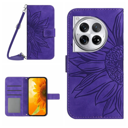 Dark purple embossed leather phone case with lanyard and sunflower pattern, flip cover.