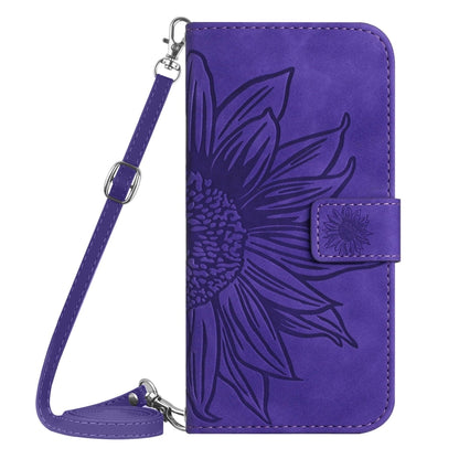 Dark purple embossed leather phone case with lanyard strap and sunflower embossed design.