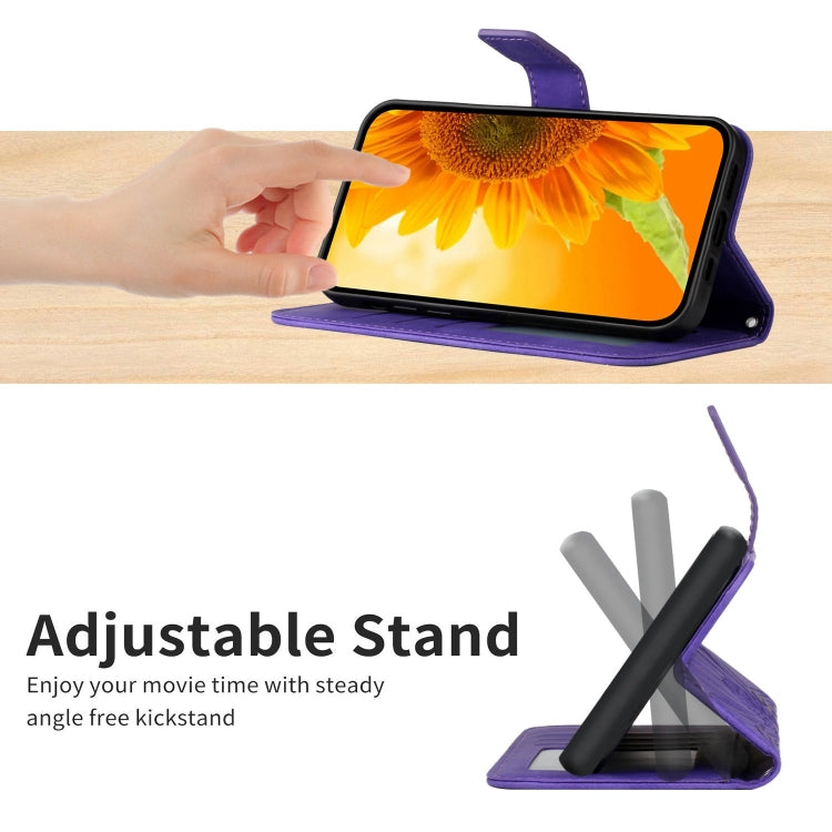 Dark purple phone case with lanyard and flip stand for viewing, sunflower pattern on leather.