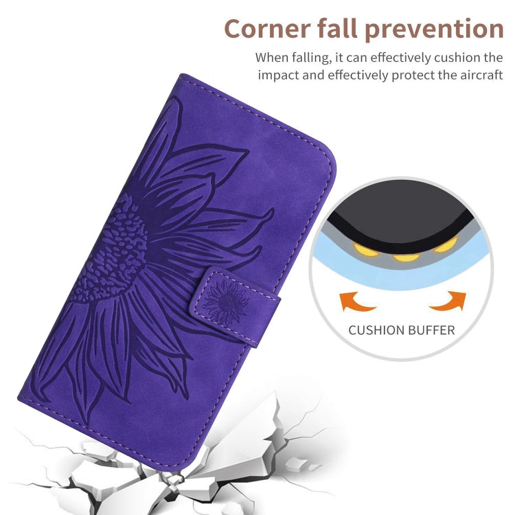 Dark purple embossed leather phone case with lanyard and sunflower pattern, corner protection design.