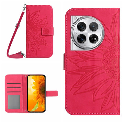 Rose red embossed leather phone case with lanyard and sunflower pattern, flip cover.