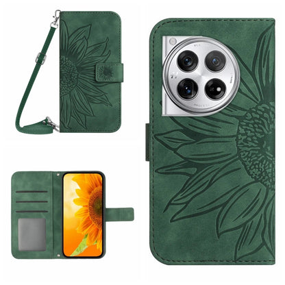 Green embossed leather phone case with lanyard and sunflower pattern, flip cover.