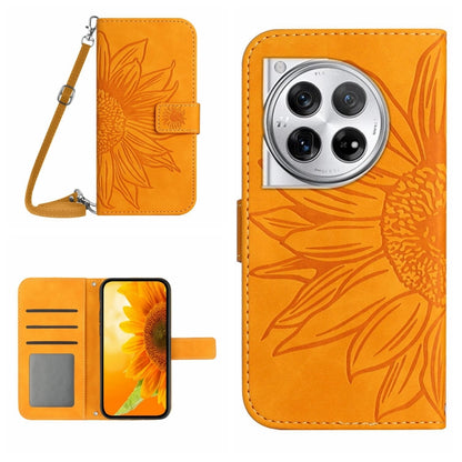 Orange embossed leather phone case with lanyard, sunflower texture, card slots