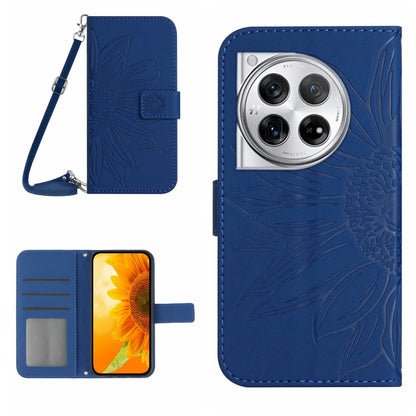 Inky blue embossed leather phone case with lanyard, sunflower texture, card slots