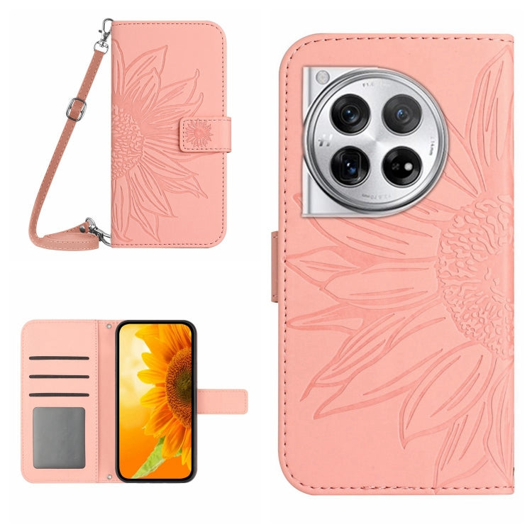 Rose pink embossed leather phone case with lanyard, sunflower texture, card slots