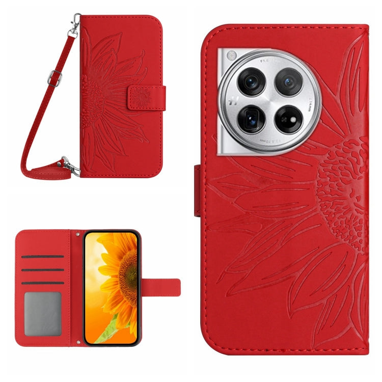 Red embossed leather phone case with lanyard, sunflower texture, card slots