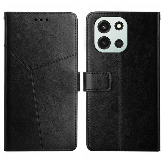 Black Y-shaped flip leather phone case with card slot and camera cutouts