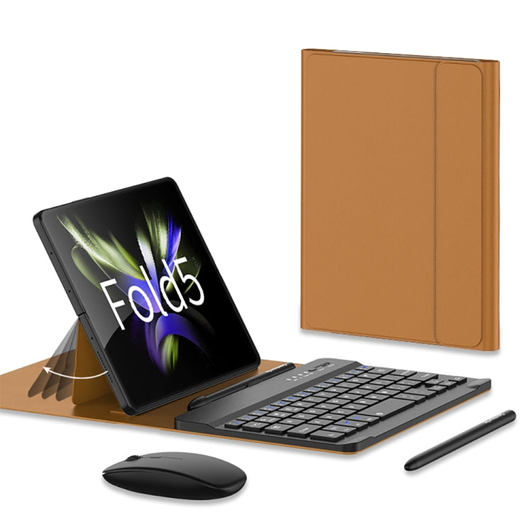 Brown folio case with Bluetooth keyboard, pen, and mouse set