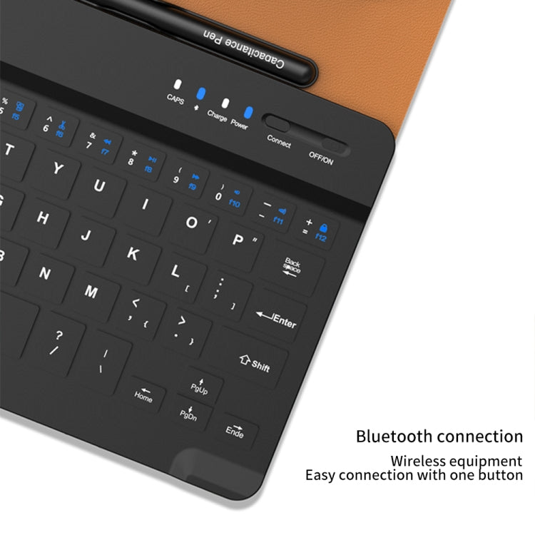 Close-up of Bluetooth keyboard keys and controls with pen slot