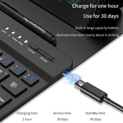 Bluetooth keyboard charging area with cable plugged in and charging light