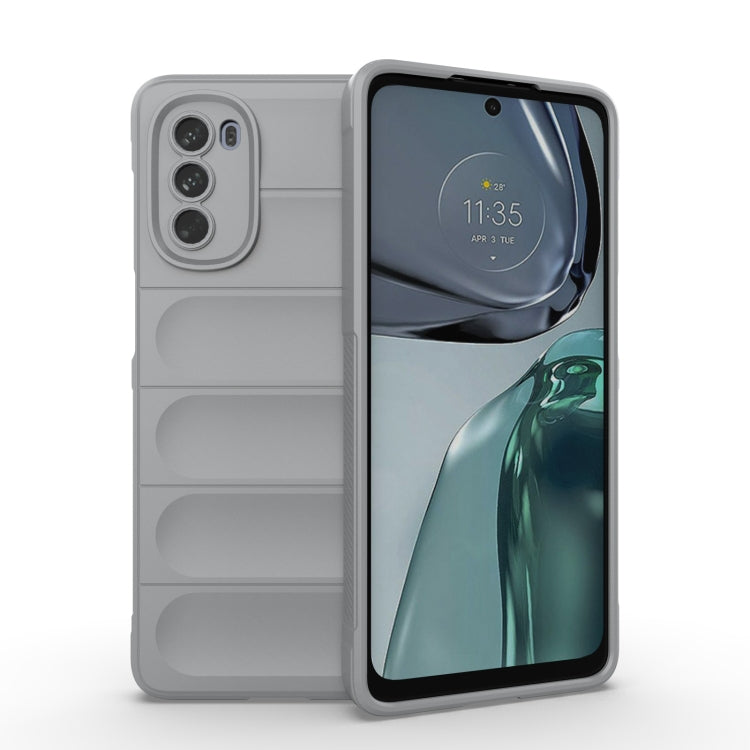 Light gray phone case with ridged grip and raised camera cutouts