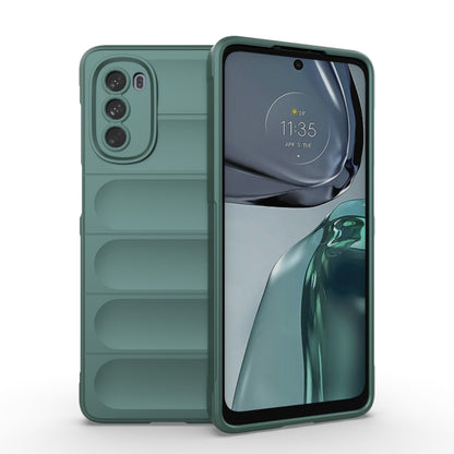 Dark green phone case with ridged grip and raised camera cutouts