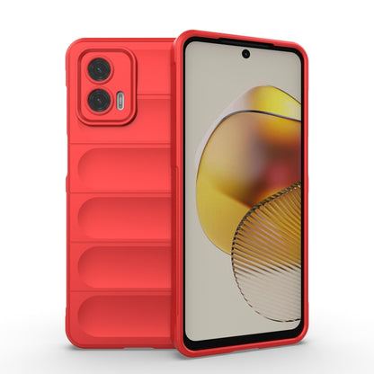 Red rugged phone case with camera cutouts and textured grip panels