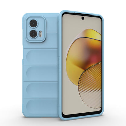 Light blue phone case with ridged grip and raised camera cutout