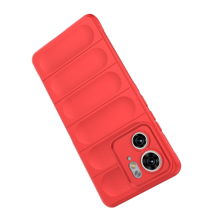Red TPU phone case with dual camera cutouts and textured back grip pattern