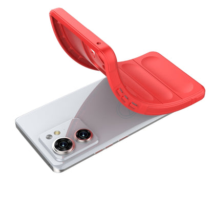 Red TPU phone case with open back section shown on a phone, camera cutouts visible