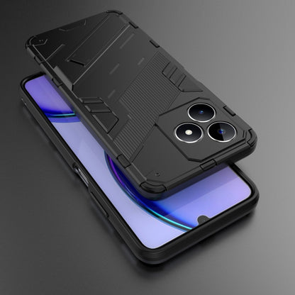 Rugged armor phone case with holder, black with textured grip and camera cutouts