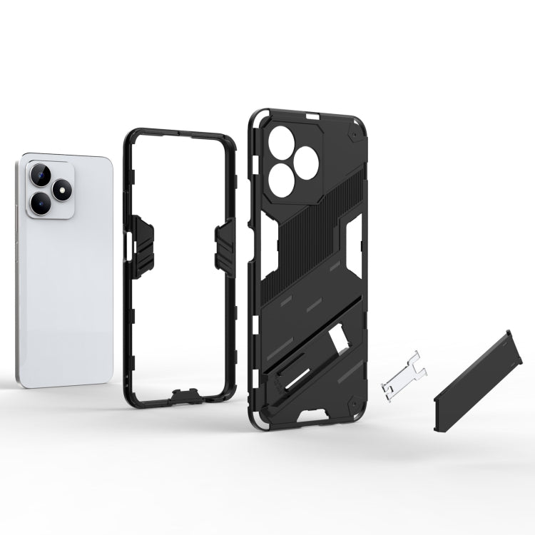 Rugged armor phone case with holder, black shell shown with open ports and back cutout