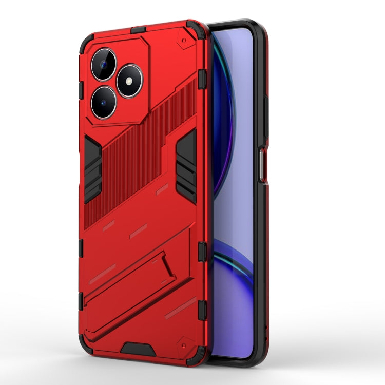 Red rugged phone case with holder, 2-piece armored TPU/PC protection.