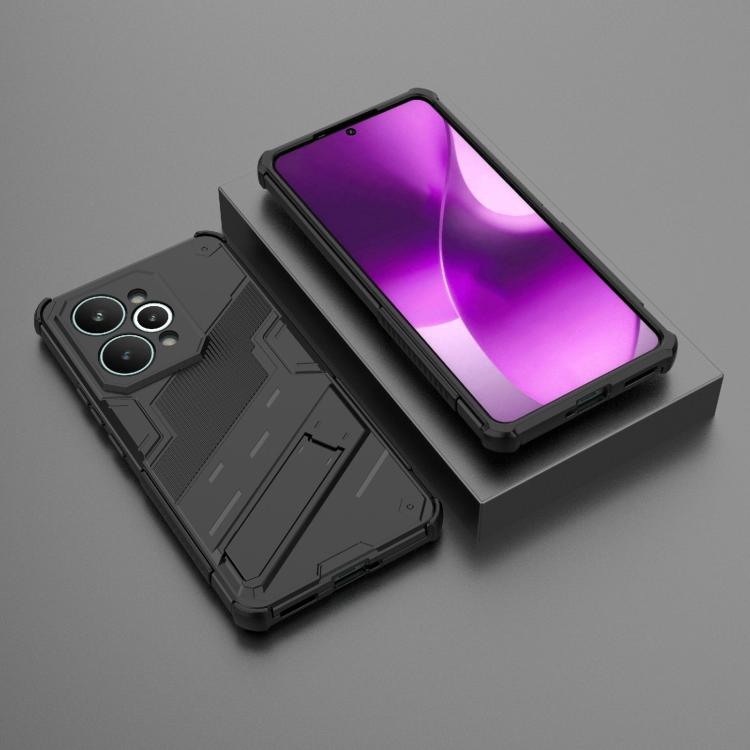 Black rugged 2-in-1 TPU phone case with holder, armored back design and purple screen frame