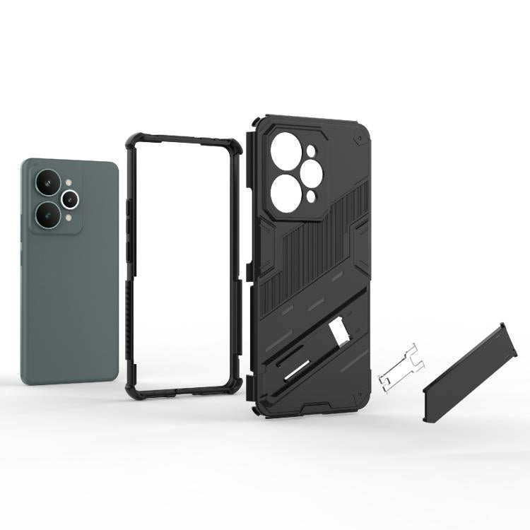 Rugged TPU phone case frame with holder and camera cutout, parts shown in dark gray