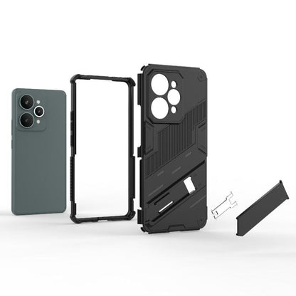 Rugged TPU phone case frame with holder and camera cutout, parts shown in dark gray