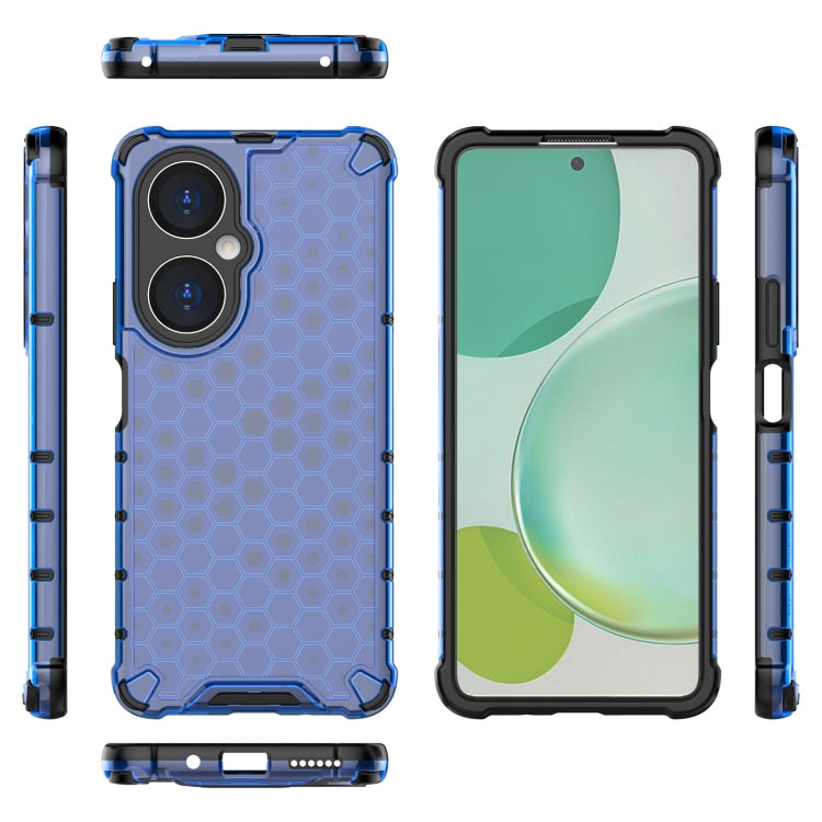 Shockproof honeycomb phone case set, blue hex pattern, includes front and side views