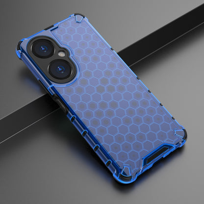 Shockproof honeycomb phone case, blue hex pattern on back, raised edges for Huawei nova 11i