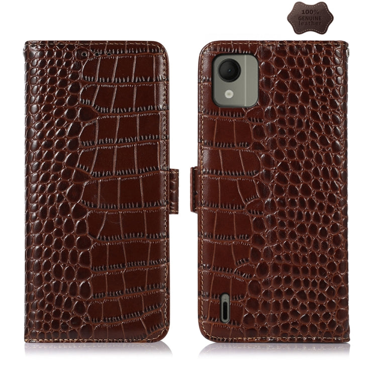 Brown crocodile-texture leather phone case with flip cover and camera cutout