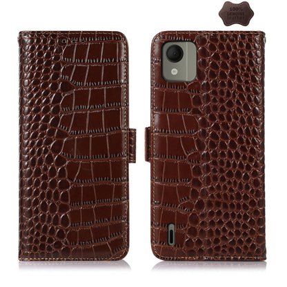Brown crocodile-texture leather phone case with flip cover and camera cutout